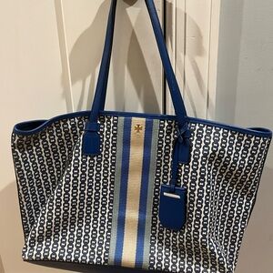 Tory Burch Blue and Cream Patterned Tote